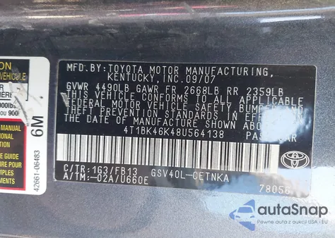 2008 Toyota Camry Le V6 from USA, damaged, VIN 4T1BK46K48U564138